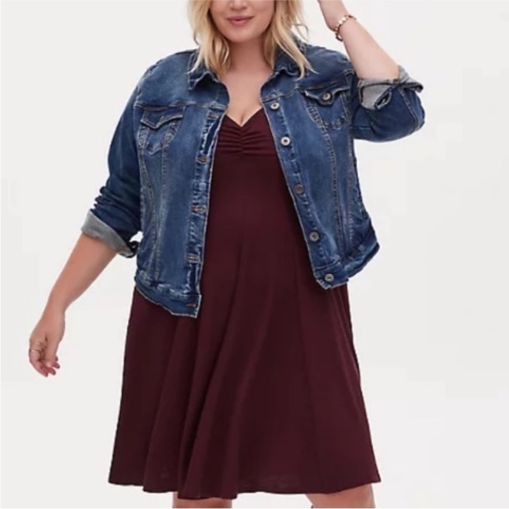 Torrid Dress 2X Burgundy Rib Slub Sweetheart Ruched Skater Fit & Flare F…